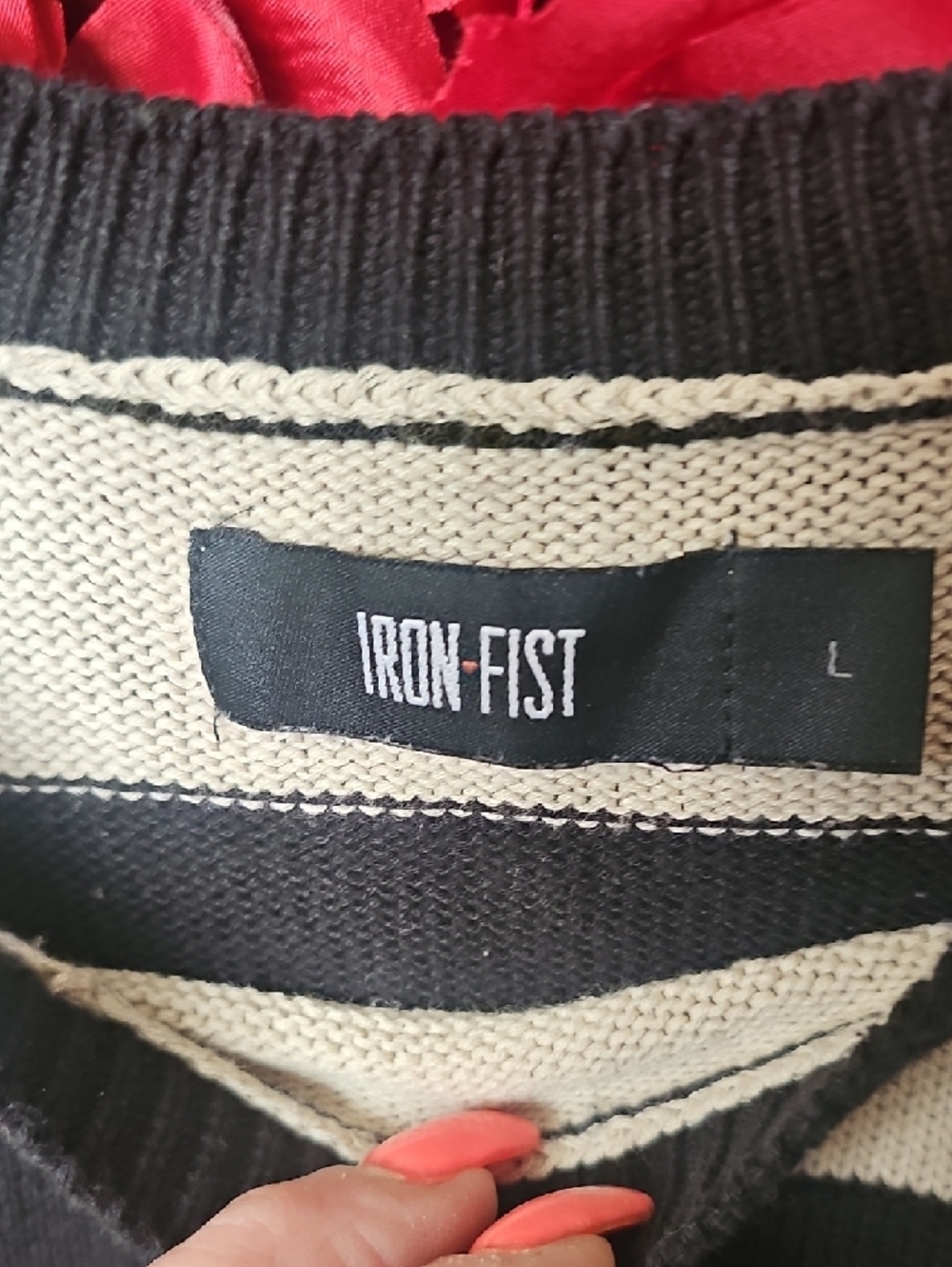Iron Fist Black and Cream Striped Skull Ripped Crewneck Sweater Size Large - Picture 2 of 8